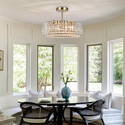 15.8“ Modern Crystal Chandelier Gold Round Semi Flush Mount Ceiling Light Fixture Chandelier for Living Room Dining Room Bedroom Hallway Entryway Kitchen