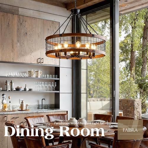 10 Light Farmhouse Drum Wood Pendant Light