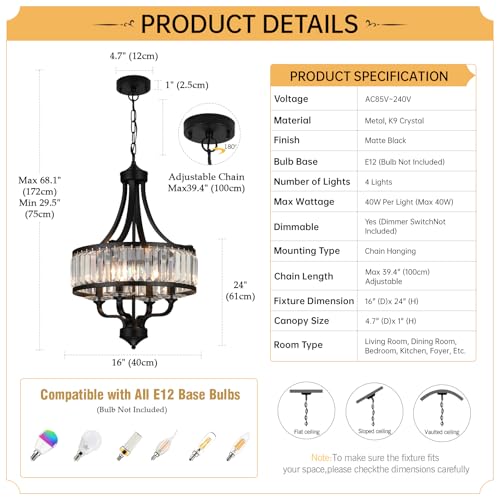 4 Light Black Crystal Chandelier (Black / 4-Light)