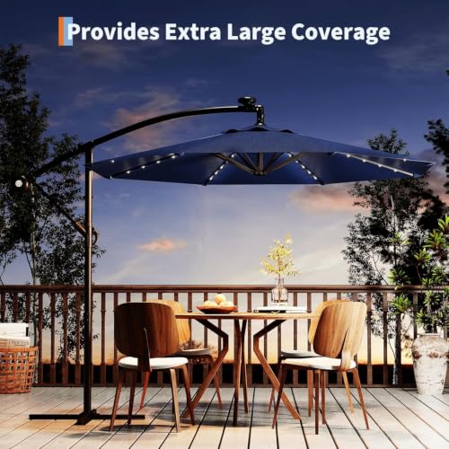 10FT Solar Lights Offset Patio Umbrella with Cross Base