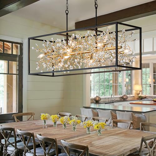 Large Black and Gold Rectangle Crystal Chandelier for Dining Room
