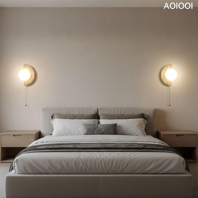 Natural Travertine Stone Wall Sconce, Half Moon LED Wall Light Fixture,Glass Globe and Pull Chain Switch Wall Lamp,Modern Minimalist Lunar Lamp for Bedroom Bedside,Living Room Accent Decor(Left)