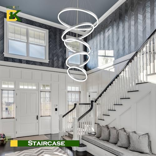 5 Rings Modern LED Chandelier Silver High Ceiling Chandelier with Remote Control Dimmable Pendant Lighting for Dining Room Foyer Living Room Entryway Staircase