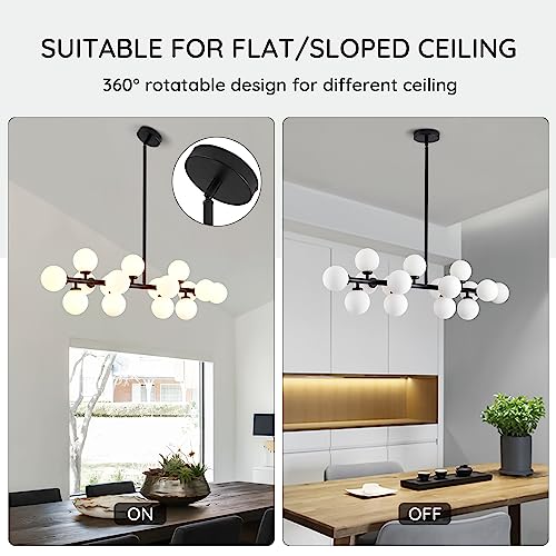 Modern Linear Chandeliers Black 16 Lights Pendant Light Fixtures Bubble Glass Chandelier Mid Century Sputnik Chandelier for Kitchen Island Dining Room