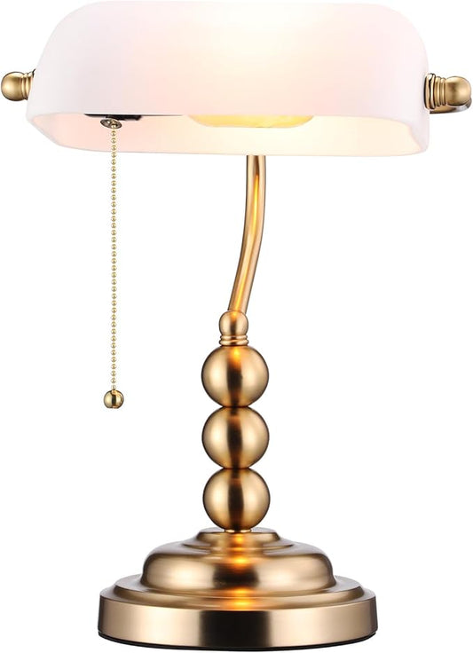 TORCHSTAR Ivory White Glass Bankers Desk Lamp, Antique Desk Lamps with Retro Weighted Base, Traditional Library Lamp with Pull Chain, E26 Base, Vintage Desk Lamp for Office, Study Room