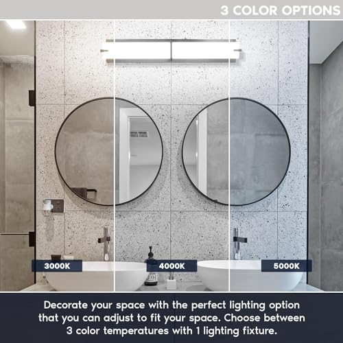 24 Inch LED Vanity Lights Brushed Nickel Bathroom Light Fixtures 3CCT Selectable 3000K 4000K 5000K Modern Vanity Light Bar Over Mirror 25W 1750 Lumens Dimmable Damp Rated ETL Listed