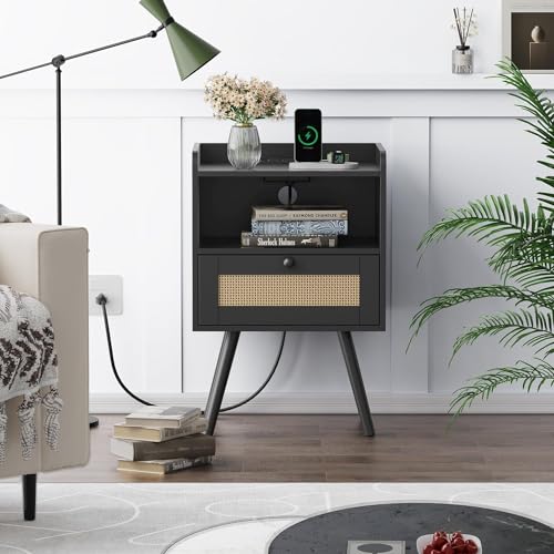 Nightstand with Charging Station & Rattan