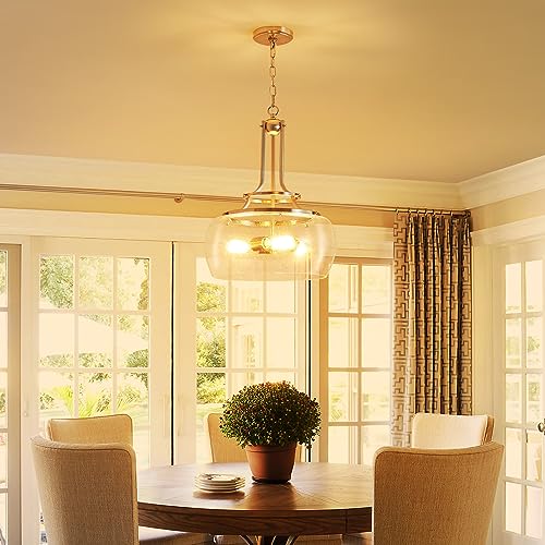 Chandelier Rustic Farmhouse Industrial Round Ceiling Pendant LED Light Fixture Clear Seeded Glass Shade for Dining Room Kitchen Island Foyer Entryway