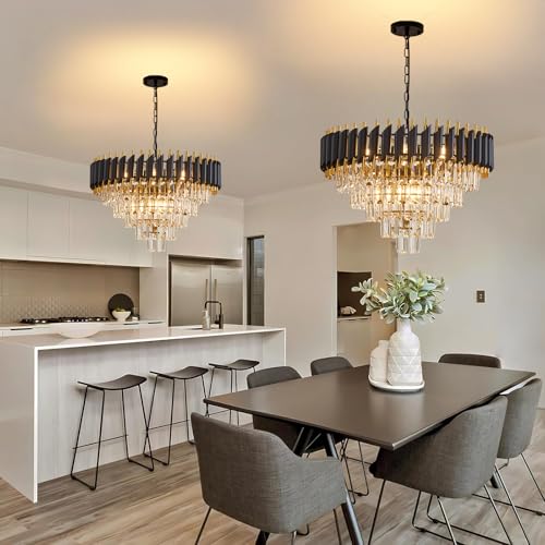 10 Light Large Crystal Chandelier 24" Dining Room Light Fixtures 5 Tiers Flush Mount Black and Gold Chandelier Round Large Chandeliers for Dining Room Living Room Kitchen Entryway Foyer