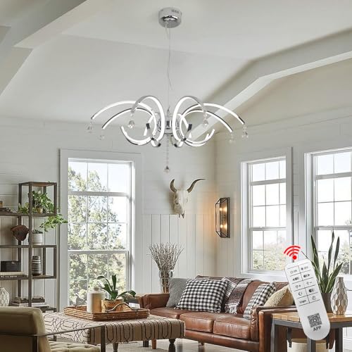 32.7" Chrome Dimmable LED Crystal Chandelier for Dining Room Deco