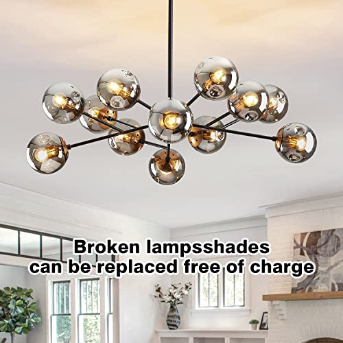 12 Light Mid Century Modern Black and Gold Glass Globe Sputnik Chandelier