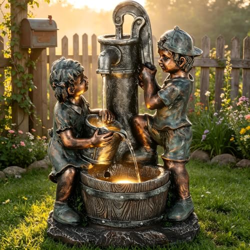 26" Boy and Girl Outdoor Fountain LED 3