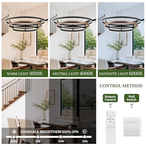 3 Ring LED Chandelier Modern Chandeliers Walnut Wood Black Dimmable 24''