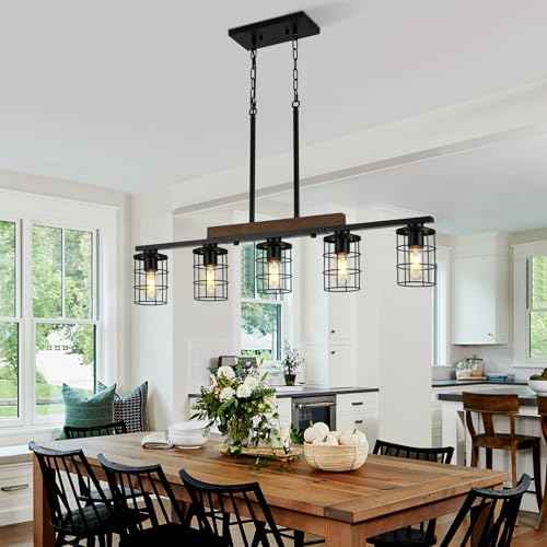 36" Farmhouse Kitchen Light Fixture, Black Hanging Kitchen Chandelier, 5-Light Rustic Dining Room Light Adjustable Height with Wood and Metal Frame, Suit for Farmhouse, Industrial Style
