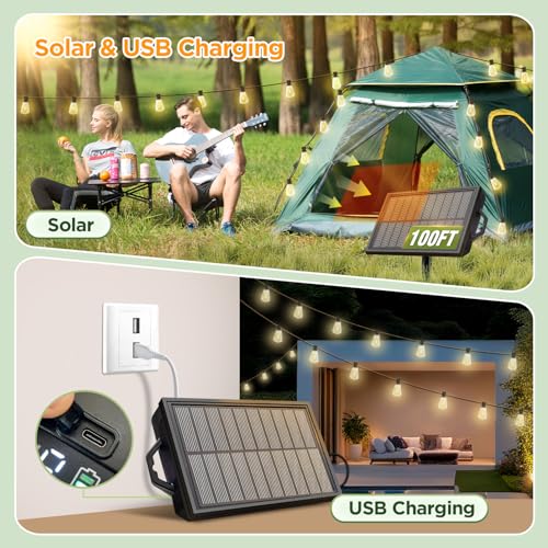 100FT Solar String Lights Outdoor Waterproof with Remote & Timer
