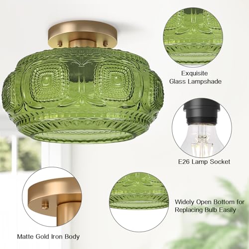 11" Art Deco Glass Semi Flush Mount Ceiling Light Fixture
