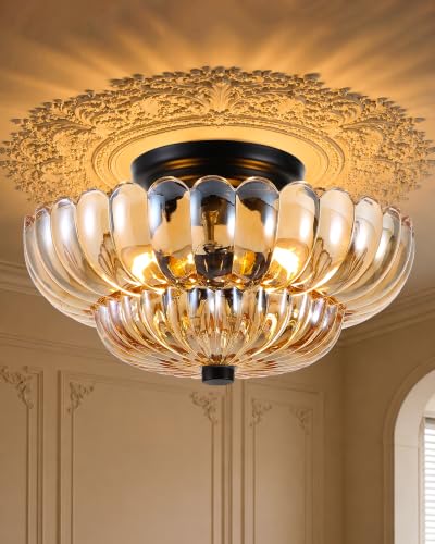 Semi Flush Mount Ceiling Light Fixture 11.8" Vinatge Black Ceiling Lights Amber Mid Century Modern Glass Close to Ceiling Lighting Fixtures for Bedroom Hallway Foyer Bathroom Kitchen Entryway