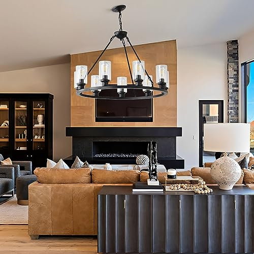 Black Wagon Wheel Chandelier 32 Inch Modern Farmhouse Glass Pendant Light 9