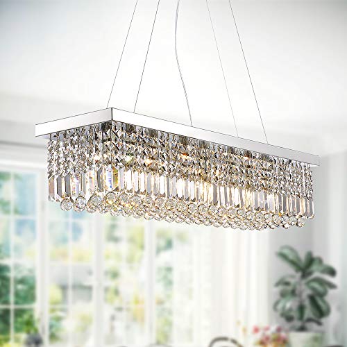 Rectangle K9 Crystal Chandelier Modern Rectangular Pendant Light Fixture for Dining Room Kitchen Island Chrome L47 x W10 x H10