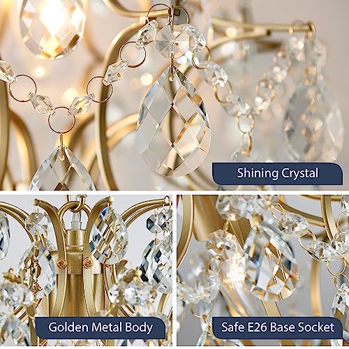 Gold Modern Pendant Chandelier Crystal Raindrop Lighting Ceiling Light Fixture Lamp for Dining Room Bathroom Bedroom Livingroom entryway 1 E26 Bulbs Required D13 in x H16 in