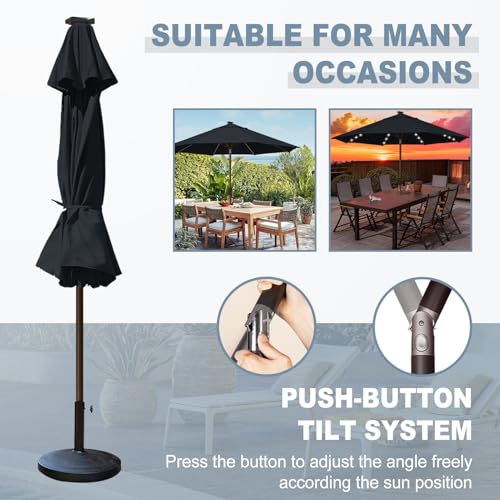 USA 10-Year-Non-Fading 10ft Market Patio Umbrella, Commercial Grade Table Sun Umbrella with 80 Solar LED Lights, Crank Open, Windproof & UPF 50+ UV Protection for Garden, Deck, Pool, Backyard, Black