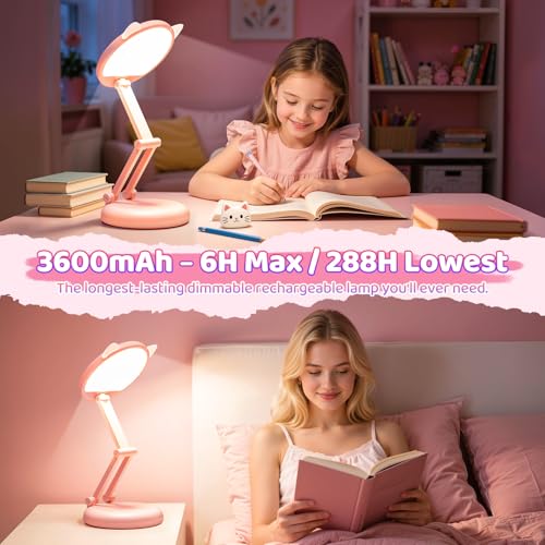 Cute Desk Lamp Pink Dorm Lamps for College Girls Foldable Portable Rechargeable Dimmable Cute Cat Lamp Kawaii Room Decor