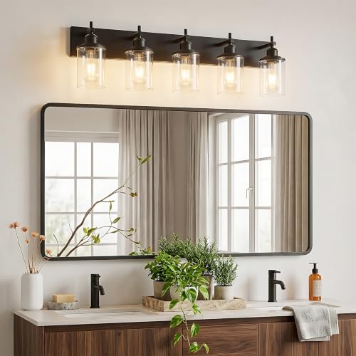 5 Light Black Bathroom Light Fixture Over Mirror Modern Farmhouse Bathroom Vanity Light Vintage Wall Lighting with Clear Glass Shade for Bathroom (5 Count)