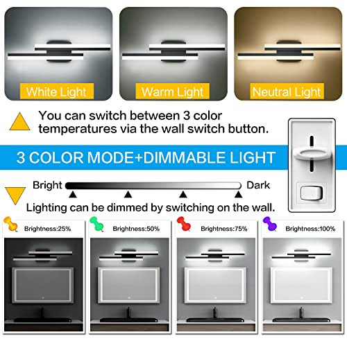 LED Bathroom Vanity Light Modern Black 24 Inch LED Wall Lighting Fixture Over Mirror 3CCT