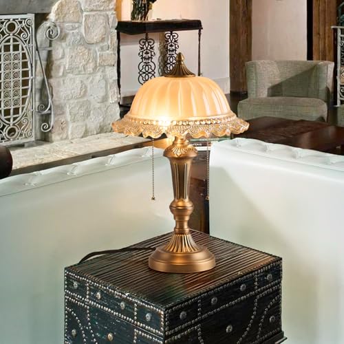 Glass Shade Table Lamp Vintage Metal Desk Lamp 2 Lights Table Light with Plug Switch for Bedroom Living Room Home Office Brass and Brown (2 Count)