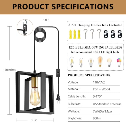 Rustic Black Wood Plug in Pendant Light with ON