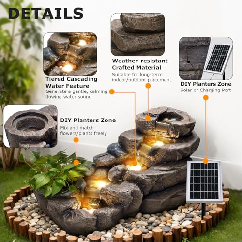 38.2" L Solar Water Fountain Outdoor Rock Waterfall Fountains