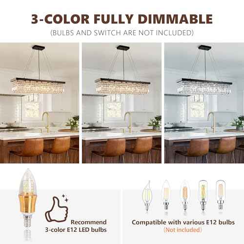 Modern Crystal Chandelier for Dining Room, 8-Light Black Rectangle Pendant Ceiling Light Fixture for Kitchen Island Bar, L40 x W10 x H10