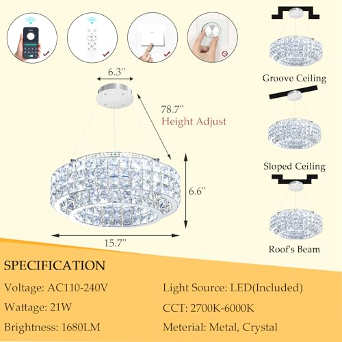 LED Chandeliers for Dining Room LED Dimmable Pendant Lights for Kitchen Island Crystal Adjustable Chandelier for Bedroom Hallway Entrance 16" Silver Light