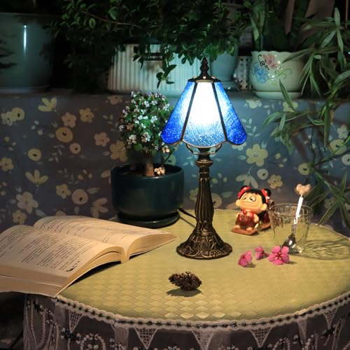 Small Tiffany Table Lamp Yellow Rippled Stained Glass Desk Lamps 6X6X14 Inch Bronze Resin Base Antique Mini Accent Light