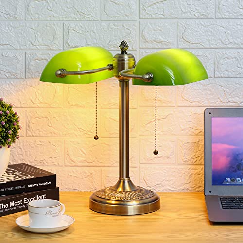 Green Double Head Glass Bankers Desk Lamp