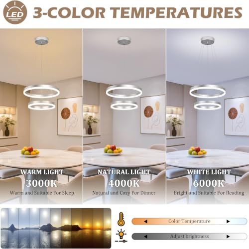 Modern Nickel Led Chandelier 2 Rings Dimmable LED Chandeliers with Remote Control Light Fixture for Kitchen Island Height Adjustable Chandelier Led Pendant Light for Living Room Dining Room