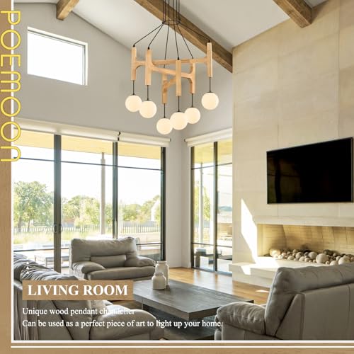 Natural 6 Light Wooden Chandelier with Milk Glass Globe L28 Inch