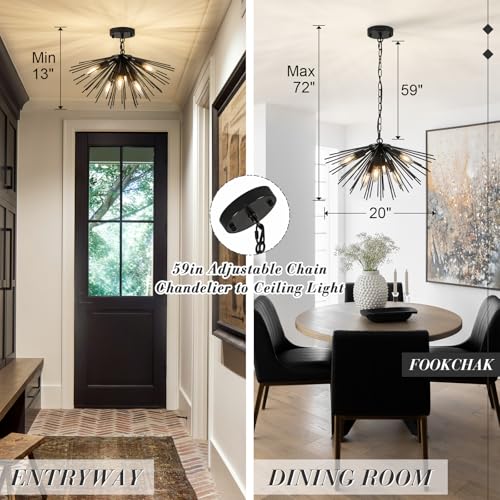 Black Sputnik Ceiling Light 6 Light Starburst Light Fixture Solid Metal