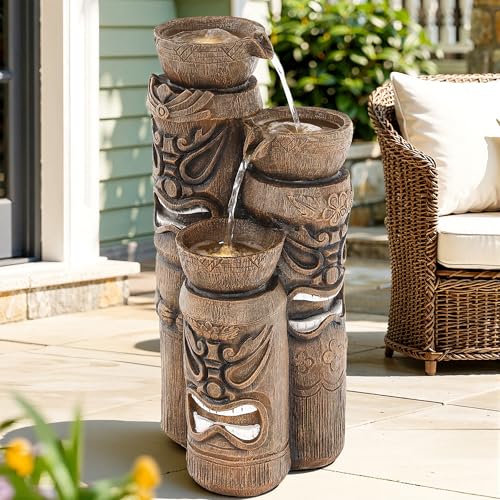 31" H Tiki Statue Outdoor Water Fountain with LED Lights