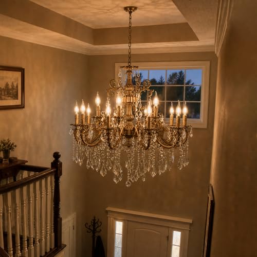 Vintage 10 Arms Crystal Chandelier Candle Light Fixture for Dining Room Living Room Bedroom Hallway Entryway Antique Gold Finish
