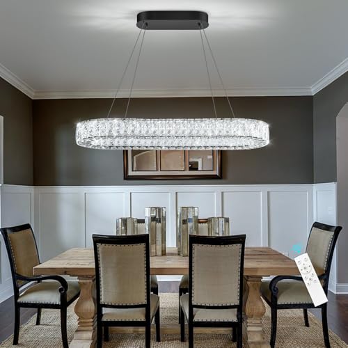 Modern Crystal LED Chandelier Dimmable Oval Chandeliers Rectangular Dining Room Light Fixture with Remote for Living Room Kitchen Island Silver