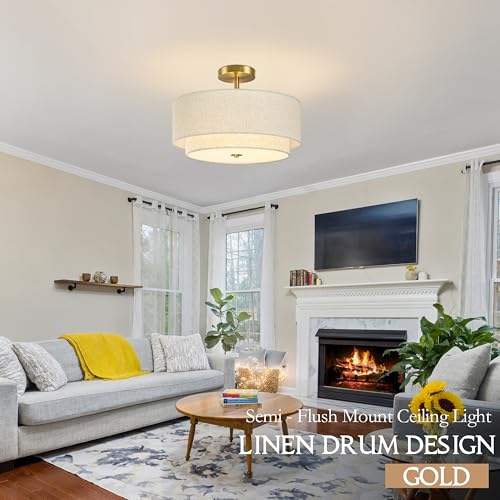 16 Inch 3 Light Semi Flush Mount Ceiling Light Fixture Modern 2 Pack Gold Drum Ceiling Light Fixture with 2 (2 Count)