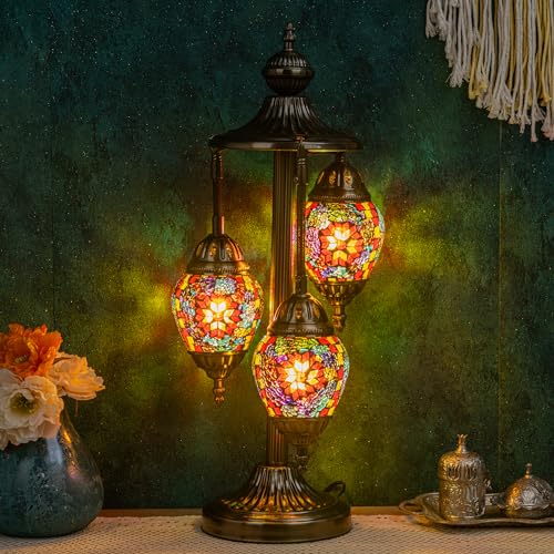 23" Turkish Mosaic Lamp Handmade 3 Globes Moroccan Table Lamp