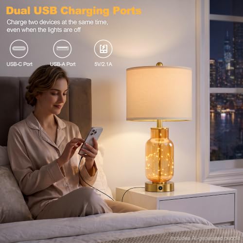 22" Glass Table Lamps Set of 2 with Night Light for Bedroom