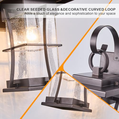 2 Pk Oil Rubbed Bronze Outdoor Sconces Light with Dusk to Dawn Sensor Photocell Exterior Porch Lanterns Outside Wall Lamps Waterproof Brown Metal with Seeded Glass Coach Light Fixtures for House