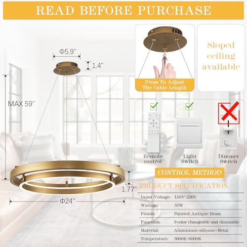 LED 2 Ring Brass Gold Chandelier Dimmable Up Down Light