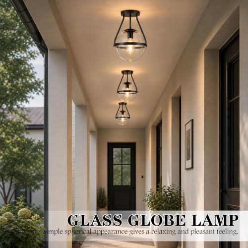 10" Mid Century Ceiling Light Modern Black Semi Flush Mount Ceiling Light with Clear Glass Shade Globe Semi Flush Mount Ceiling Light Fixture for Bedroom Hallway Bathroom Foyer