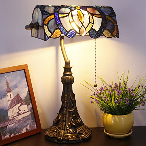 Tiffany Banker Lamp Small Stained Glass Table Lamp Blue Purple Cloudy