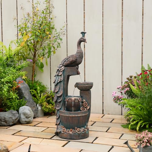 Outdoor Water Fountain 41" H Cascading Peacock Waterfall Fountain with LED Lights & Pump Tiered Water Feature for Garden