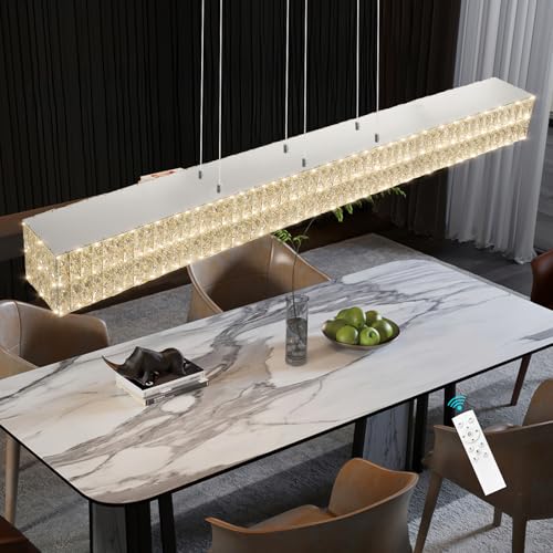 Rectangular Crystal Chandelier Dimmable LED Linear Chandeliers for Dining Room Remote Ceiling Pendants Light Fixture for Kitchen Island Silver